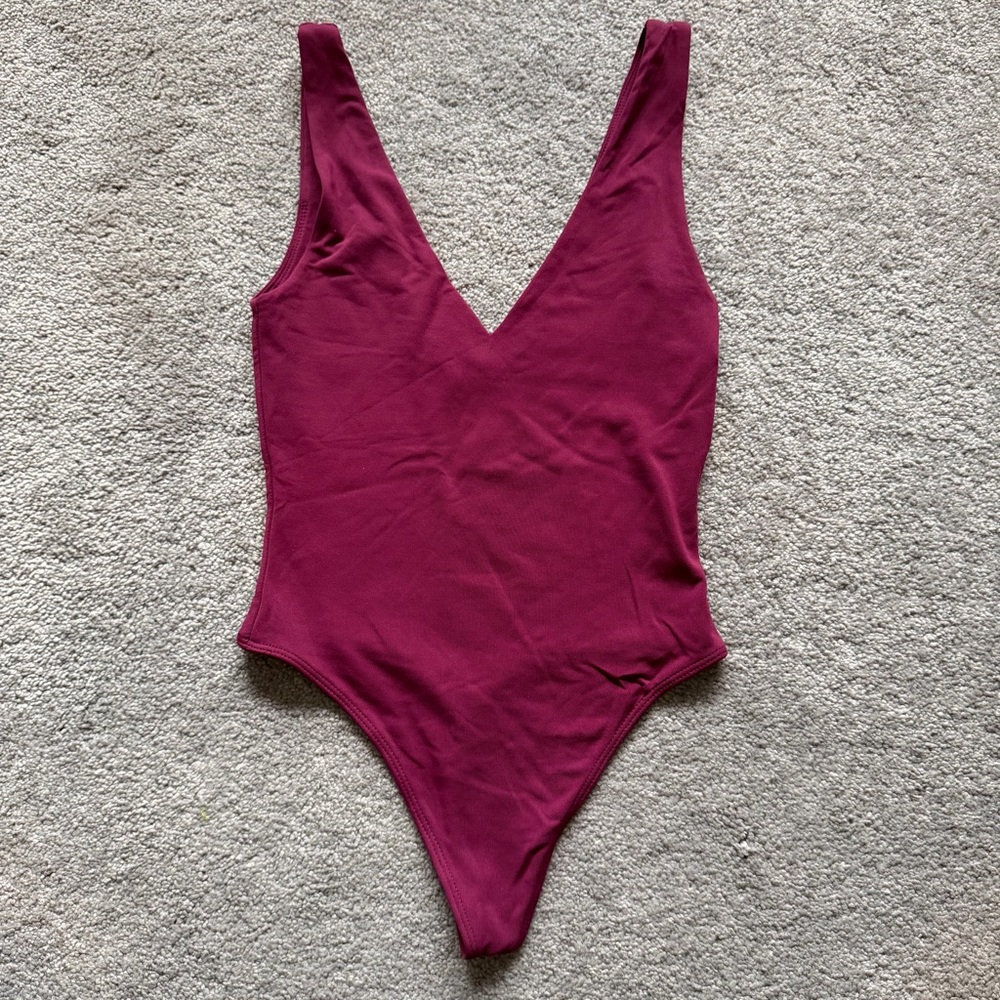 Babaton Plum Burgundy Deep V Tank Bodysuit